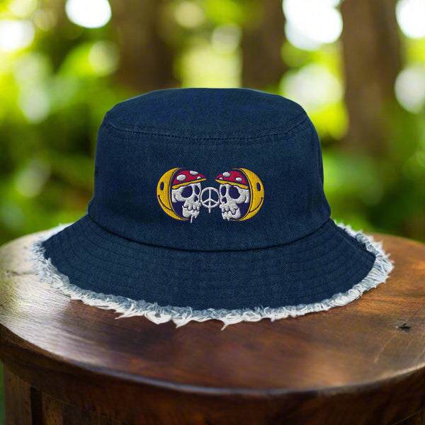 Nesting Doll Smiley Distressed Denim Bucket Hat